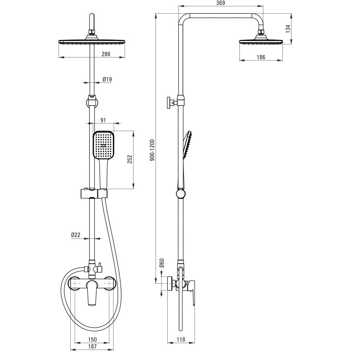 Deszczownica z baterią wannową, Deante Tubo, chrom