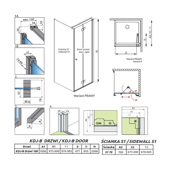 Drzwi prysznicowe Radaway Nes Gold KDJ B 100, składane, lewe, 1000x2000mm - szkło przejrzyste, profil złoty połysk