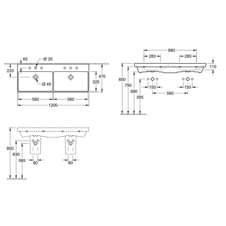 Umywalka meblowa, prostokątna Villeroy & Boch Avento biały Alpin, 100 x 47 x 16,5 cm, przelew, 2 otwory na baterię, powłoka Cera
