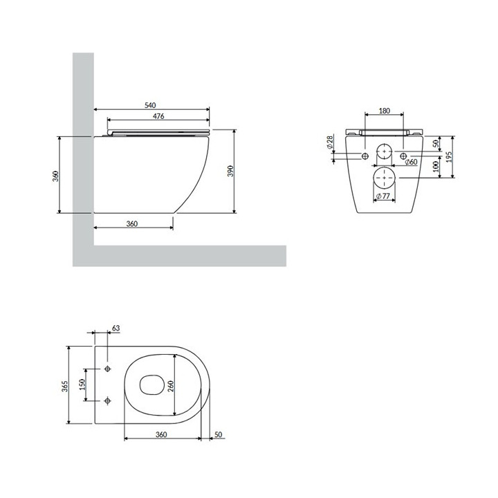Bezkołnierzowa miska toaletowa wisząca OMNIRES OTTAWA COMFORT z deską wolnoopadającą, 54 x 37 cm - biały mat