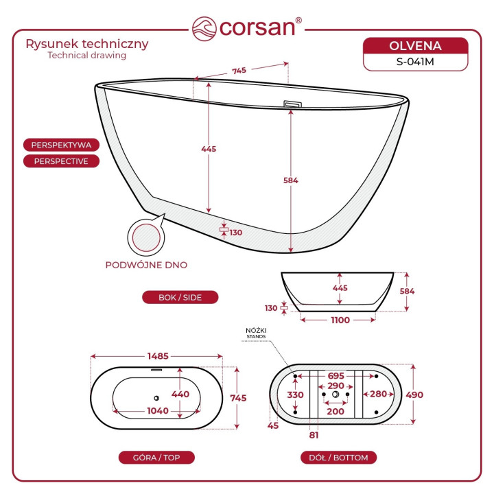 Wanna wolnostojąca Corsan Olvena 170 cm z wykończeniem czarnym - biała