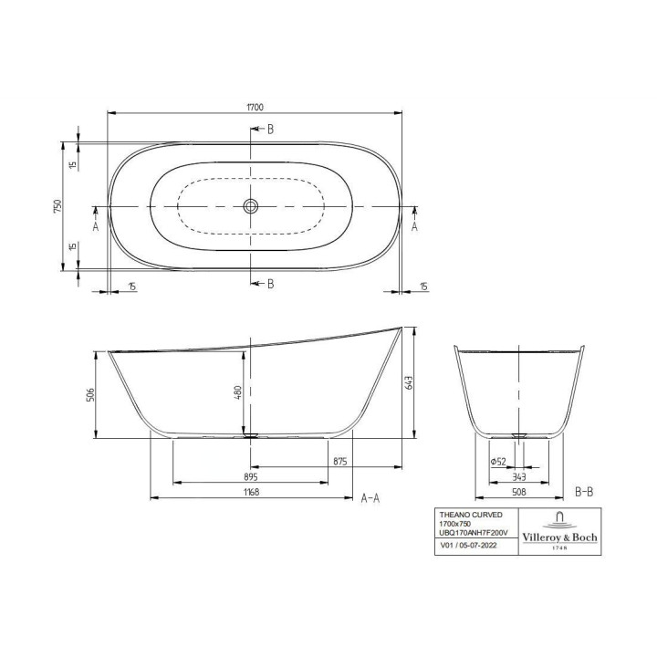 Wanna wolnostojąca Villeroy&Boch Theano, 175x75cm, Quaryl - weiss alpin