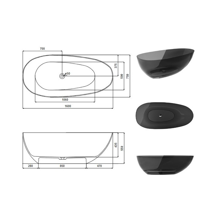 Wanna wolnostojąca Besco Assos B&W, 160x70cm, czarny/biały