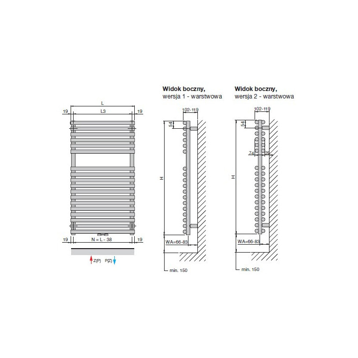 Grzejnik Zehnder Charleston Bar 149,2 x 48,5 cm, wersja 2-kolumnowa, z chromowanym uchwytem na ręczniki - biały