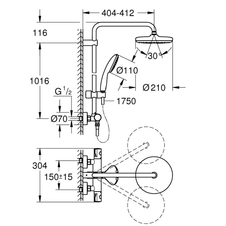System prysznicowy Grohe Tempesta Cosmopolitan System 210, z termostatem do montażu ściennego - chrom