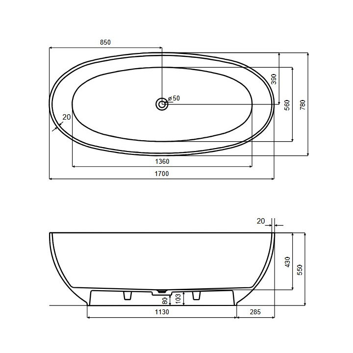 Wanna wolnostojąca Besco Xara 160x75 cm owalna Carbon Grey, maskownica czarny matt