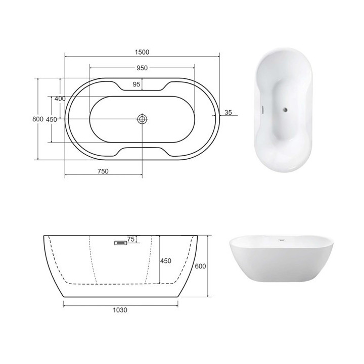 Wanna wolnostojąca Besco Mexa 170x78 cm owalna Carbon Grey, maskownica czarny matt