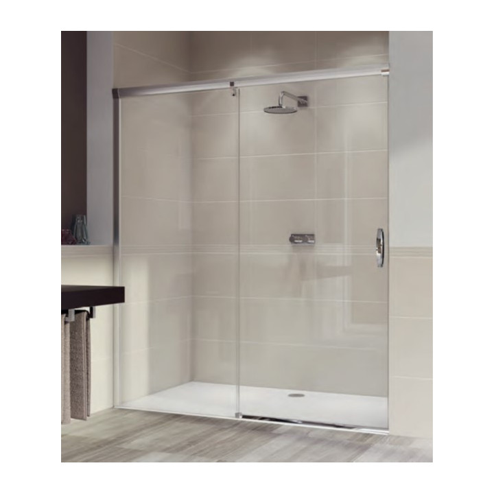 Drzwi suwane Huppe Aura Elegnace 1 częściowe ze stały segmentem, prawe, 90x200 cm, szkło przeźroczyste, profil srebrny połysk