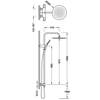 Zestaw baterii termostatycznej Tres Over-Wall naściennej 2-drożnej prysznicowej - stal