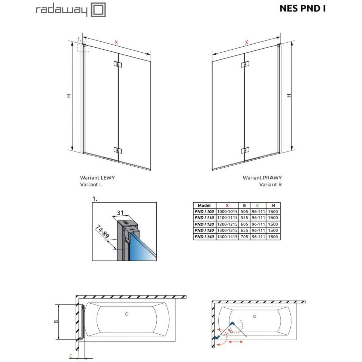 Parawan nawannowy Radaway Nes PNJ 100, lewy, szkło przejrzyste, 100x150cm, profil chrom