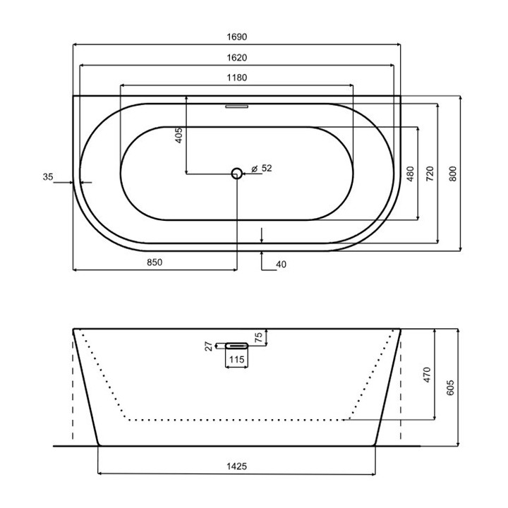 Wanna przyścienna Besco Vica, 150x80cm, akrylowa, biała + maskownica syfonu z przelewem czarna