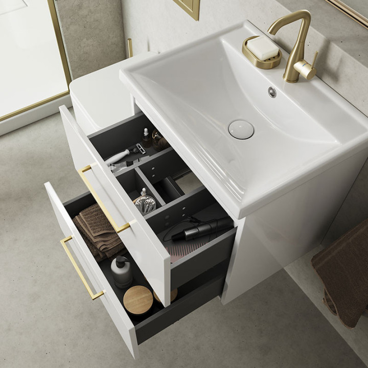 Szafka podumywalkowa Defra Faro D60 z dwiema szufladami, szerokość 60 cm - lakier biały połysk 