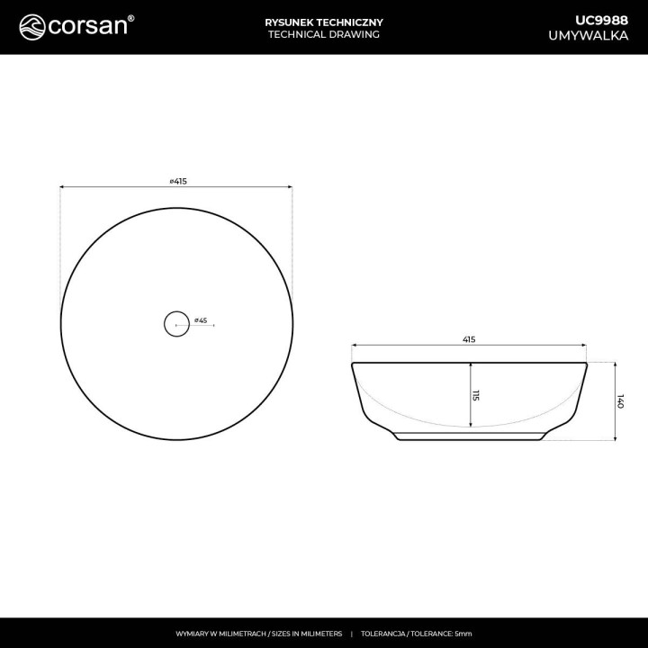 Umywalka nablatowa okrągłaCorsan 400x400x160mm z korkiem klik-klak chrom, biała