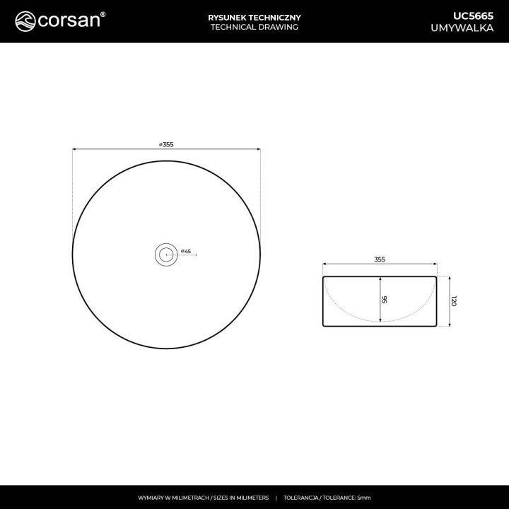 Umywalka nablatowa Corsan Lugo okrągła 41,5x13,5 cm z korkiem klik-klak białym