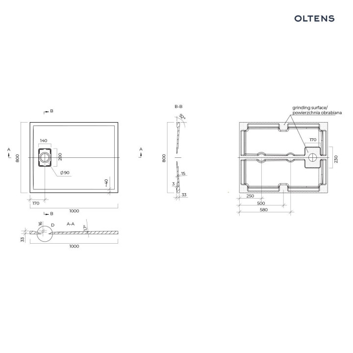 Oltens Bergytan brodzik prostokątny 100x80 cm RockSurface - szary beton