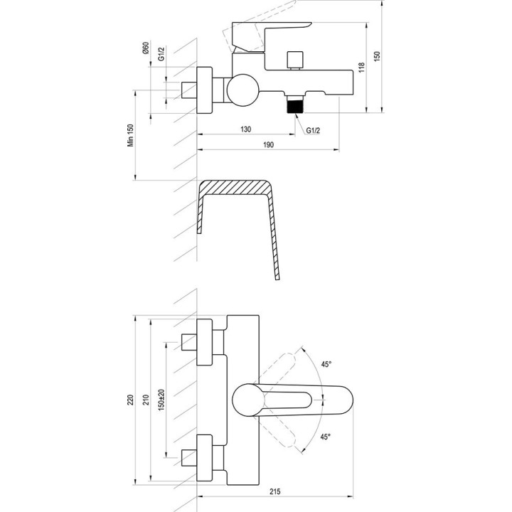Bateria wannowa Ravak Puri, naścienna, rozstaw 150 mm, PU 022.00/150