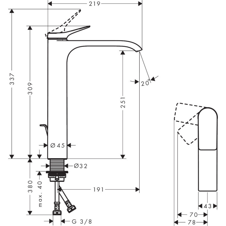 Bateria umywalkowa Hansgrohe Vivenis, stojąca, jednouchwytowa, wysokość 175mm, CoolStart, bez kompletu odpływowego, chrom