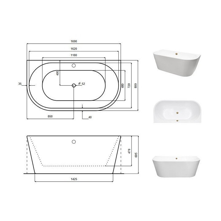 Wanna przyścienna Besco Vica New, 170x80 cm, akrylowa, biała + klik-klak biały z przelewem slim 