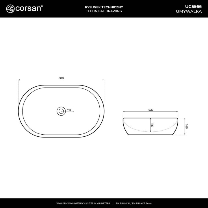 Umywalka nablatowa Corsan Olvena owalna 60x40x15 cm z korkiem klik-klak białym