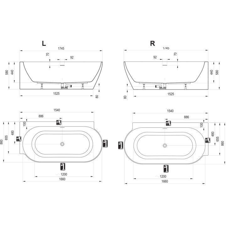 Wanna wolnostojąca do ściany Ravak Freedom Wall II Tec, akrylowa,170x87 cm - biała, osłona odpływu biała