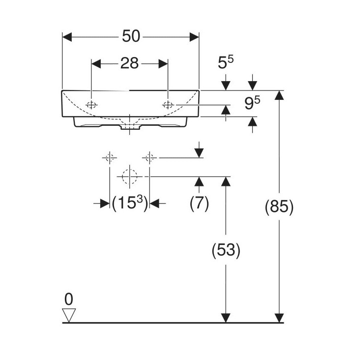 Umywalka mała Geberit One 50x41 cm, z otworem na baterie, bez przelewu, powłoka KeraTect - biała