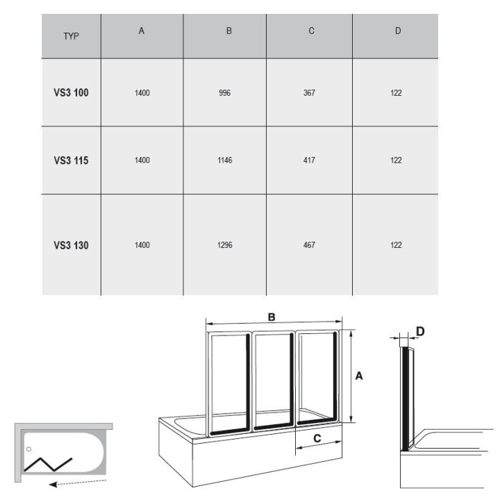 Parawan nawannowy Ravak VS3 100 Biały + Rain- sanitbuy.pl