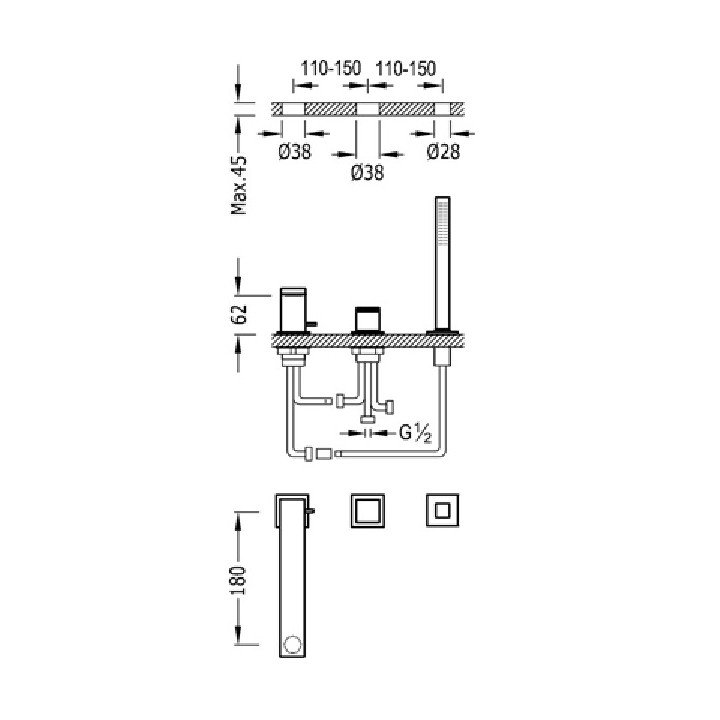 Bateria Cuadro-Tres wannowa trzyotworowa, z uchwytem, 180 mm- sanitbuy.pl
