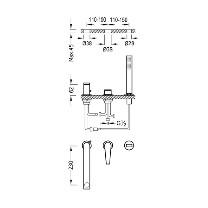 Bateria wannowa Class - Tres, 3 - otworowa, wylewka 220 mm- sanitbuy.pl