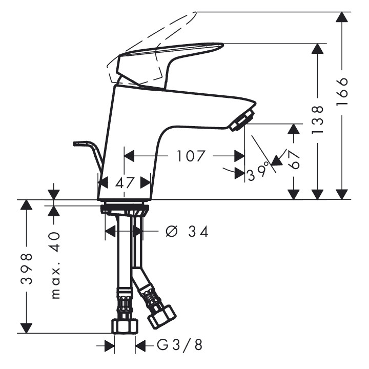 Jednouchwytowa bateria umywalkowa 70, DN 15, Hangrohe Logis, z mieszaczem- sanitbuy.pl