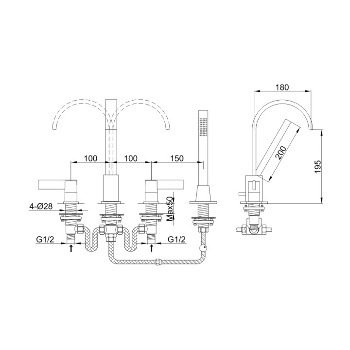 Bateria wannowa Kohlman Dexame 4 otworowa- sanitbuy.pl