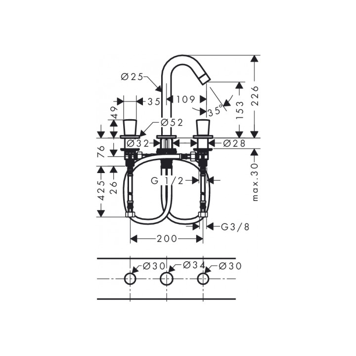 Bateria umywalkowa 150 Hangrohe Logis 3-otworowa z zestawem odpływowym- sanitbuy.pl