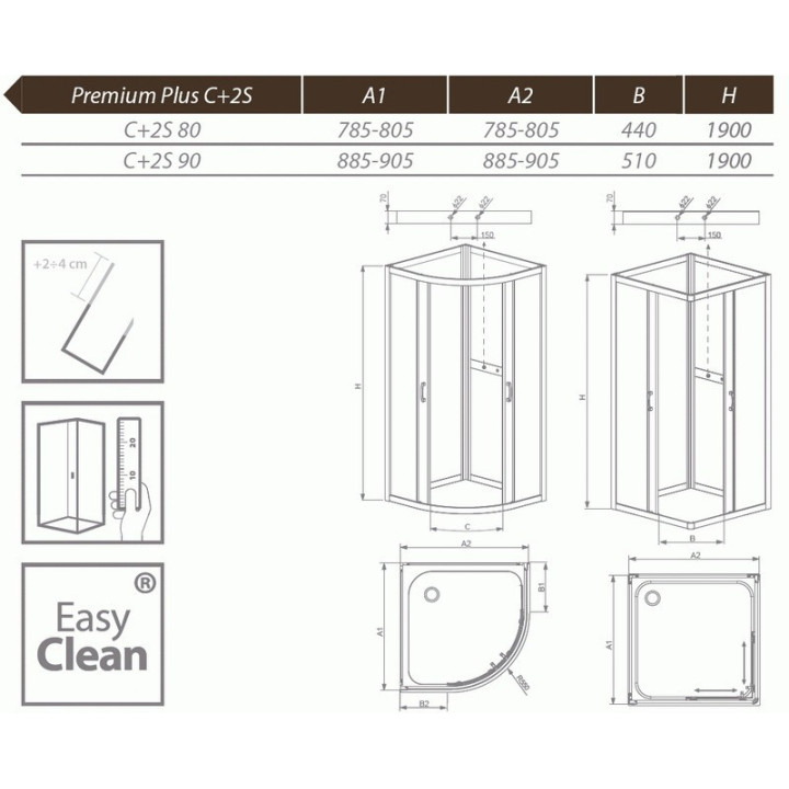 Kabina półokrągła czterościenna Radaway Premium Plus 2S, 80x80 cm, szkło przejrzyste/ grafit- sanitbuy.pl