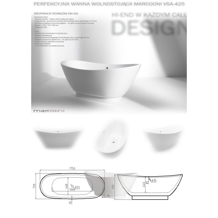 Wanna MARCOONI VSA-425 175x73 cm, wolnostojąca- sanitbuy.pl