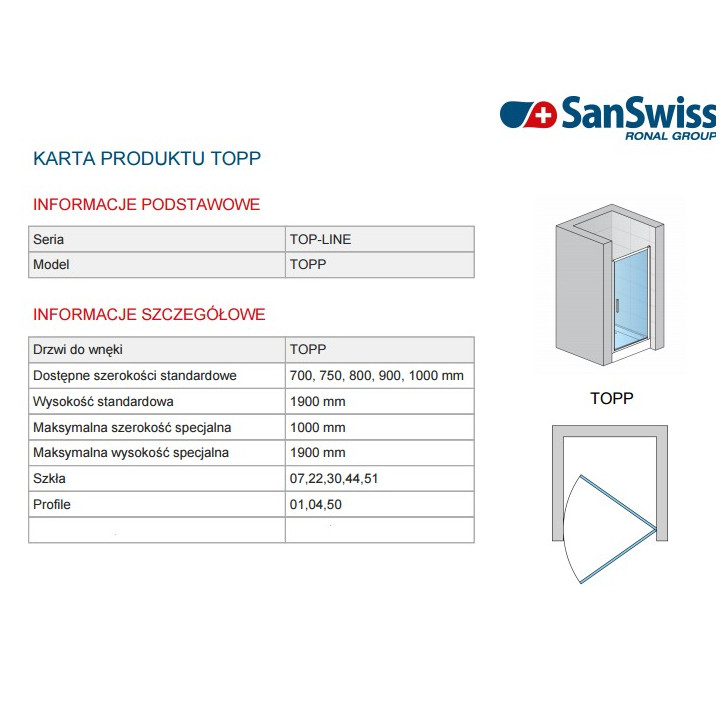 Drzwi jednoczęściowe SanSwiss TOP-LINE 70 cm, połysk, szkło przeźroczyste- sanitbuy.pl