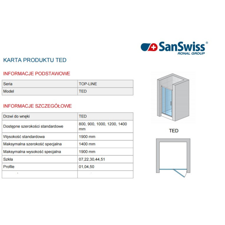 Drzwi SanSwiss  TOP-Line jednoczęściowe ze ścianką stałą w linii 100cm- sanitbuy.pl