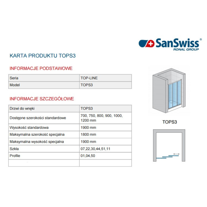 Drzwi SanSwiss przesuwne trzyczęściowe TOP- LINE  70 cm, połysk, szkło przeźroczyste- sanitbuy.pl