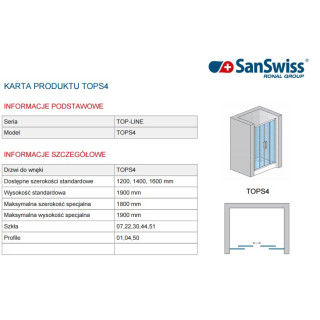 Drzwi SanSwiss przesuwne czteroczęściowe TOP- LINE  120 cm, połysk, szkło przeźroczyste- sanitbuy.pl