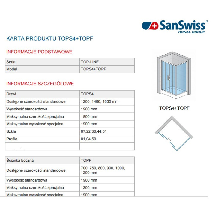 Drzwi SanSwiss przesuwne czteroczęściowe TOP- LINE  120 cm, połysk, szkło przeźroczyste- sanitbuy.pl