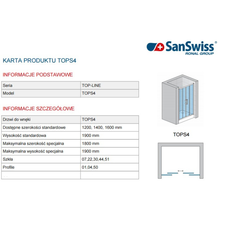 Drzwi SanSwiss przesuwne czteroczęściowe TOP- LINE  120 cm, połysk, szkło przeźroczyste- sanitbuy.pl