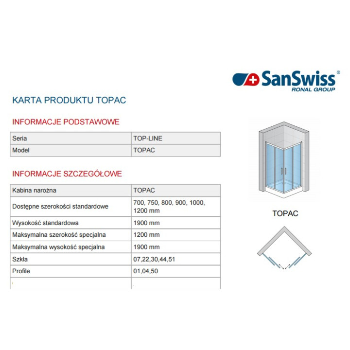 Kabina SanSwiss wejście narożne rozuwane  TOP- LINE  70x70 cm, połysk, szkło przeźroczyste- sanitbuy.pl