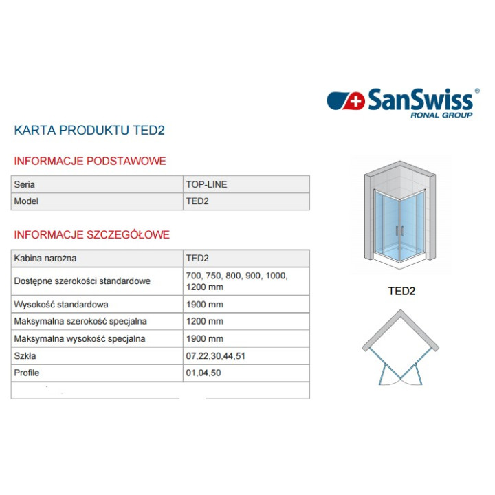 Kabina SanSwiss TOP- LINE  TED2 wejście narożne z drziami otwieranymi  70 cm, część lewa, srebrny mat, szkło przeźroczyste- sani
