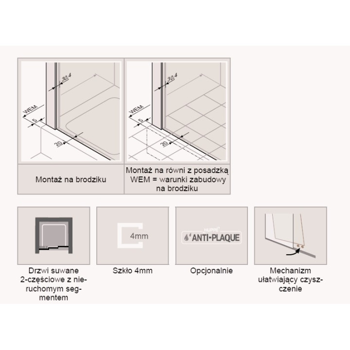 Drzwi do wnęki suwane Huppe Classics 80 cm z elementem stałym, srebrny mat, szkło przeźroczyste - sanitbuy.pl