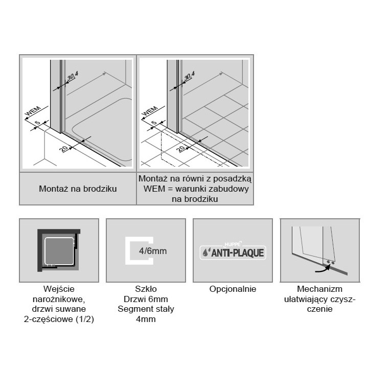 Kabina wejście narożne suwane Huppe Classics 90x90 cm, wys. 200 cm, srebrny mat , szkło przeźroczyste z powłoką Anti Plaque - sa