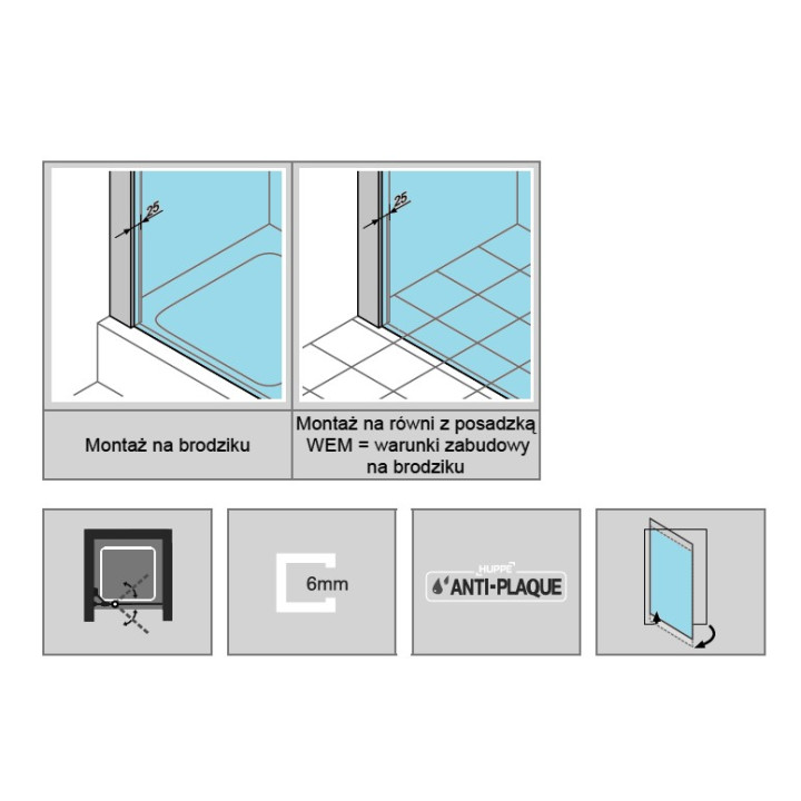 Drzwi do wnęki wachadłowe Huppe Classics 80 cm, wys. 190 cm, srebrny poler, szkło przeźroczyste z Anti Plaque- sanitbuy.pl