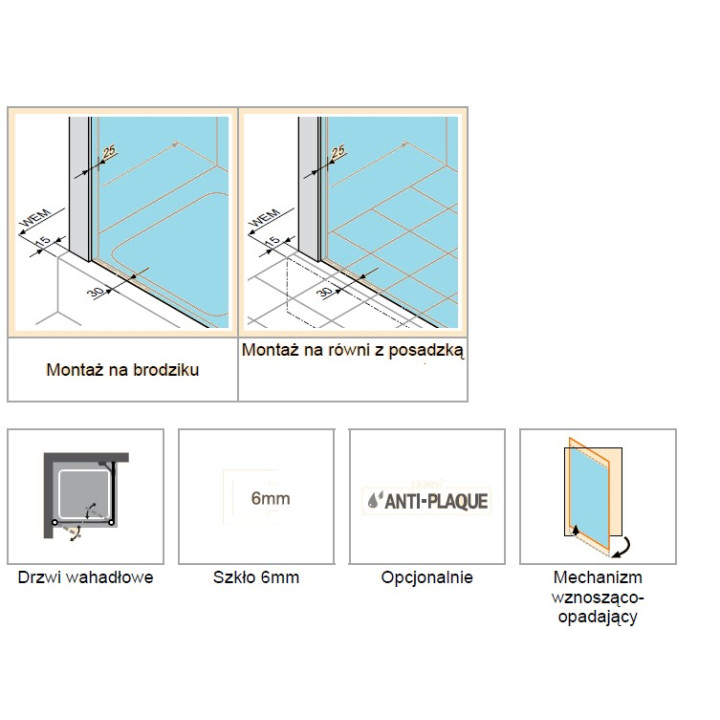 Drzwi skrzydłowe półokragłe  (pół kabiny) Huppe Classics 100 cm, wys. 190 cm, srebrny mat, szkło przeźroczyste z Anti Plaque- sa