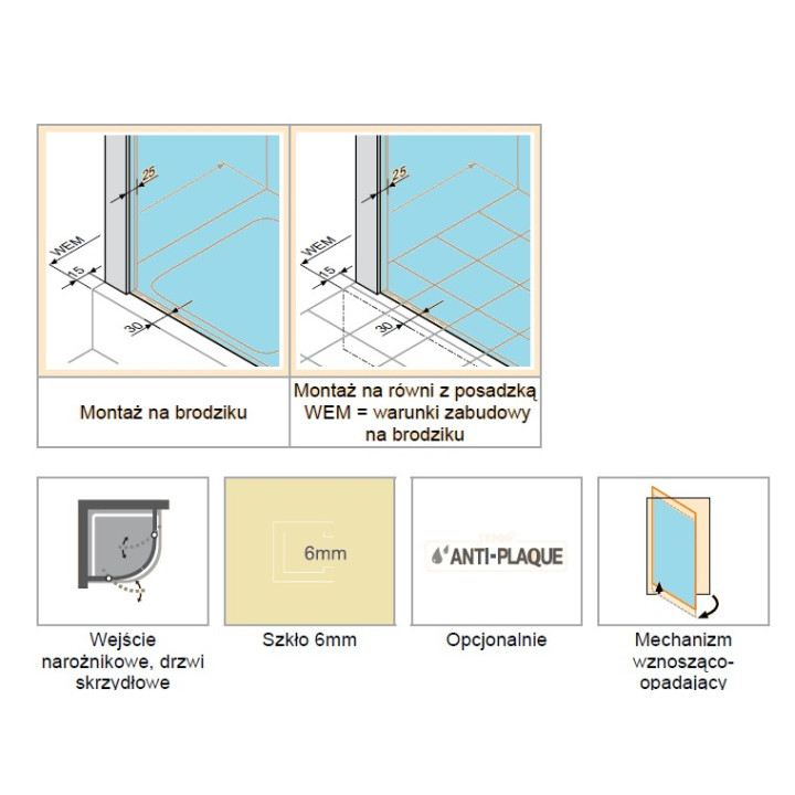 Drzwi skrzydłowe półokragłe  (pół kabiny) Huppe Classics 100 cm, wys. 200 cm, srebrny poler, szkło przeźroczyste z Anti Plaque- 