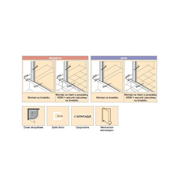 Drzwi skrzydłowe Huppe Design PURE, 1-część, 80 cm, wys. 200 cm, chrom, szkło przeźroczyste z antiPlaque- sanitbuy.pl