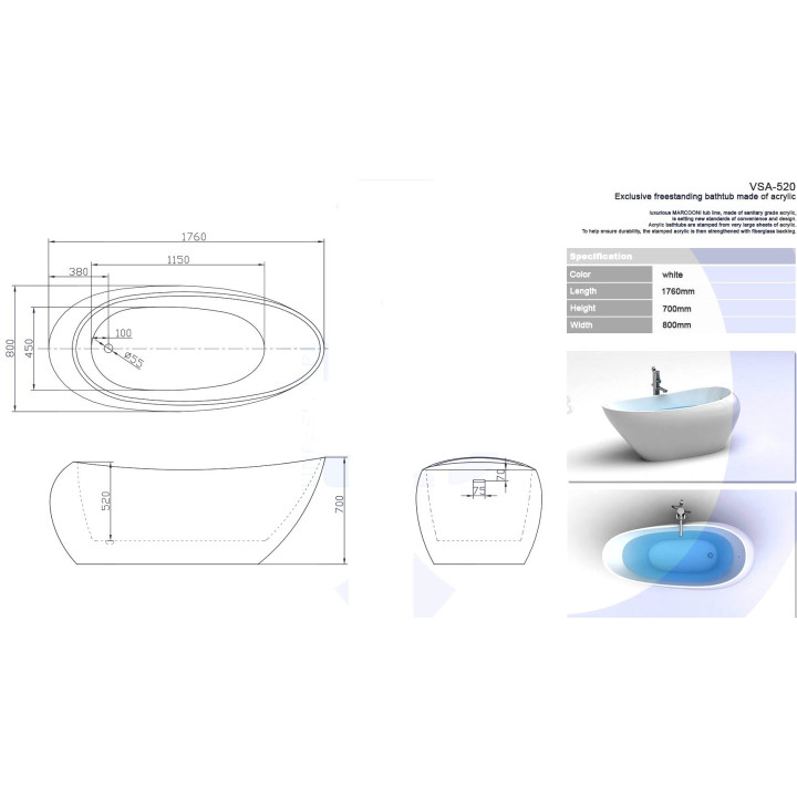 Wanna MARCOONI VSA-492 168x75 cm, wolnostojąca- sanitbuy.pl