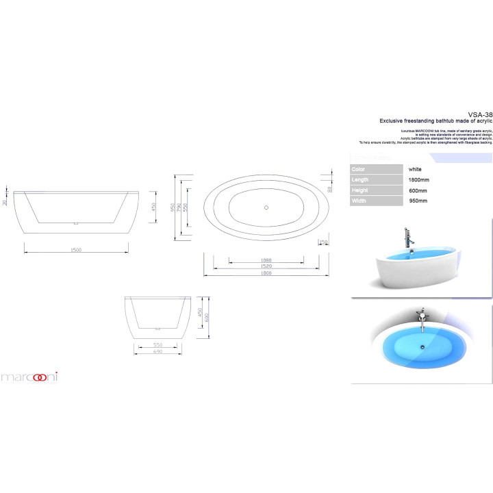 Wanna MARCOONI VSA-38Y 180x95 cm, wolnostojąca, żółta- sanitbuy.pl