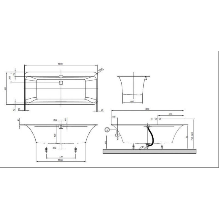 Wanna prostokątna Villeroy&Boch Squaro Edge 12, 180x80 cm z nóżkami i systemem przlewowo-odpływowym, biały alpin- sanitbuy.pl